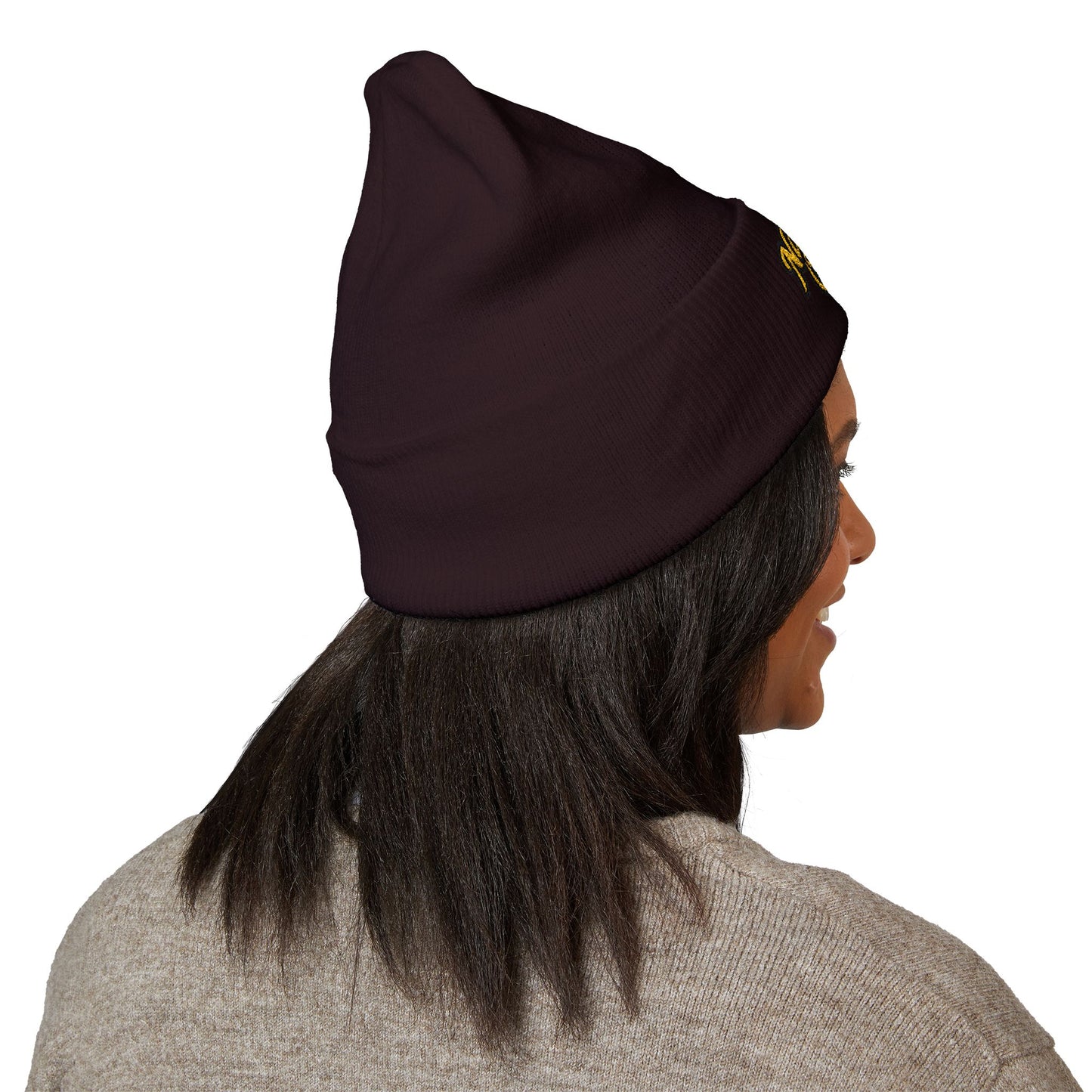 Nature's Own Embroidered Cuffed Beanie — Yellow Knit Winter Hat