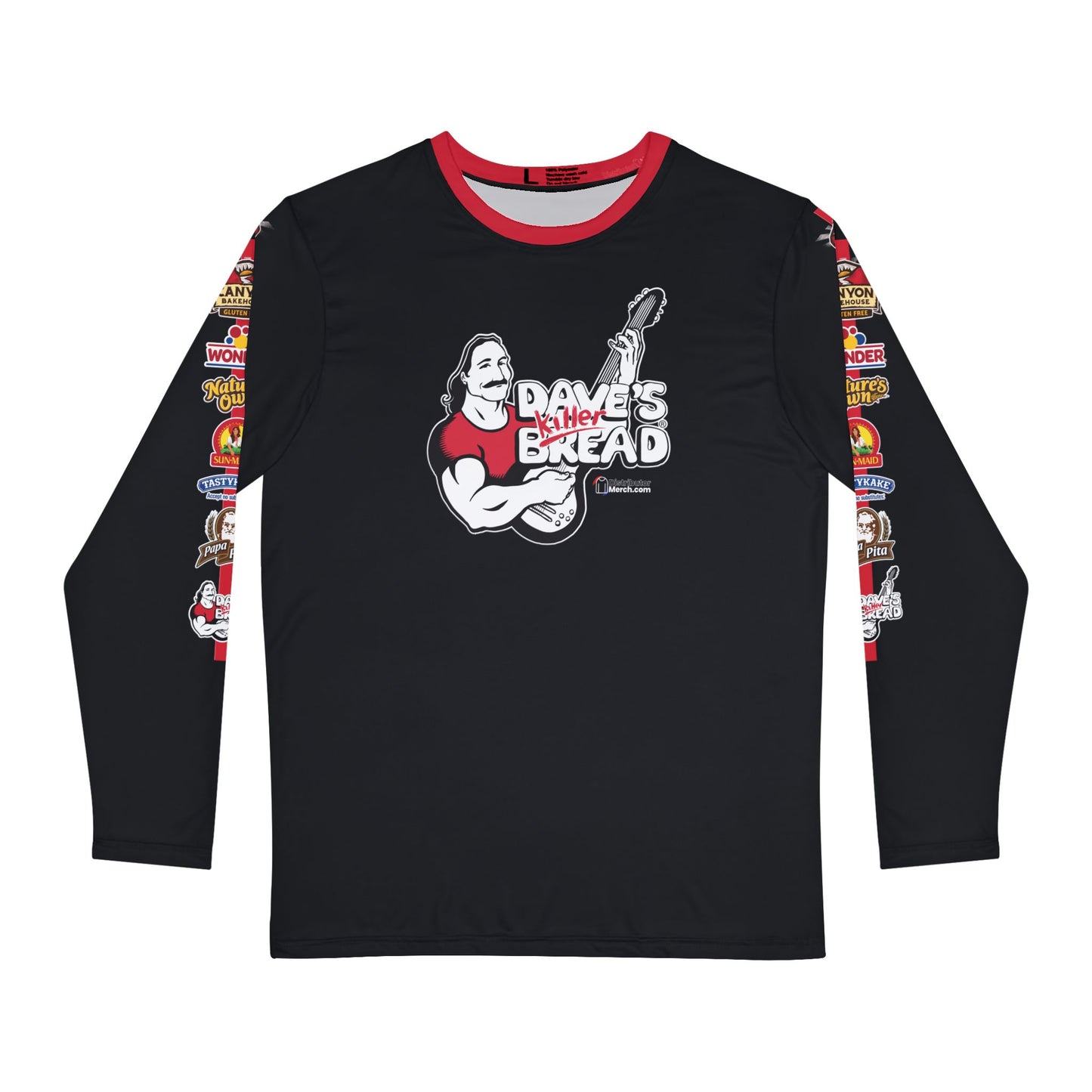 Long Sleeve, Red stripe with flowers foods logos on side, Power Packed Nutrition Back (Dave's Killer Bread, Nature's Own, Wonder Bread, Canyon, Tastykake, Papa pita)