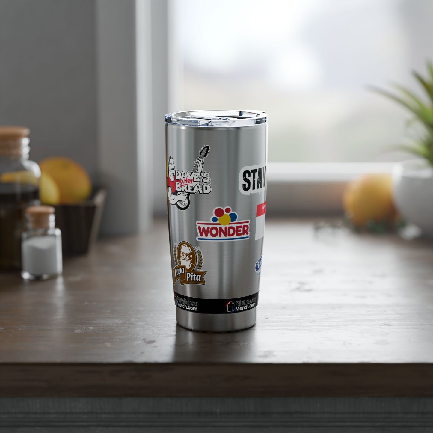 ¡MANTENTE CALIENTE! Vaso Vagabond de 20 oz, DKB, Wonder Bread, Nature's Own, Papa Pita, Tasty Kake, Sun Maid y logotipos de Canyon.
