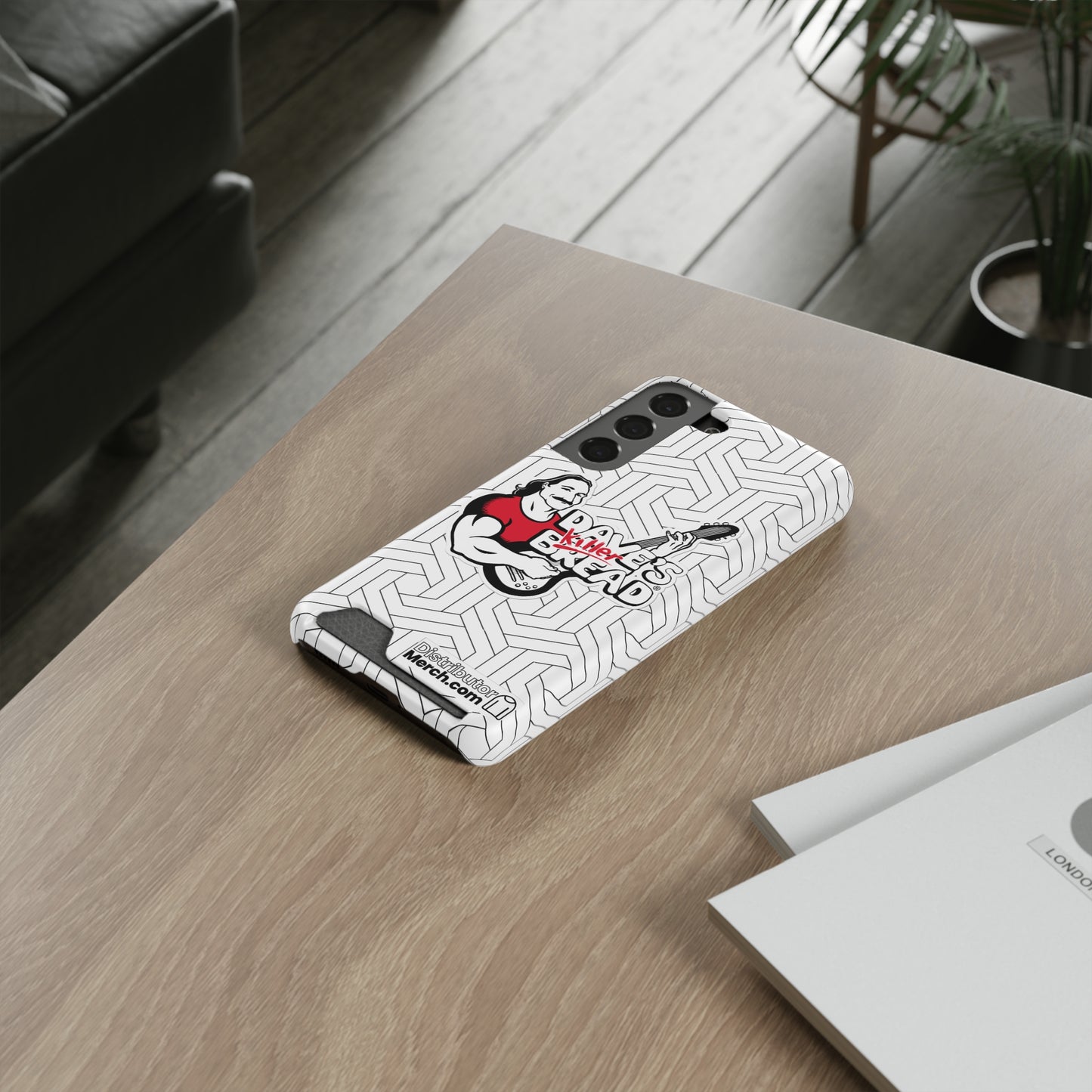 Phone Case With Card Holder, Dave's Killer Bread Logo, White.