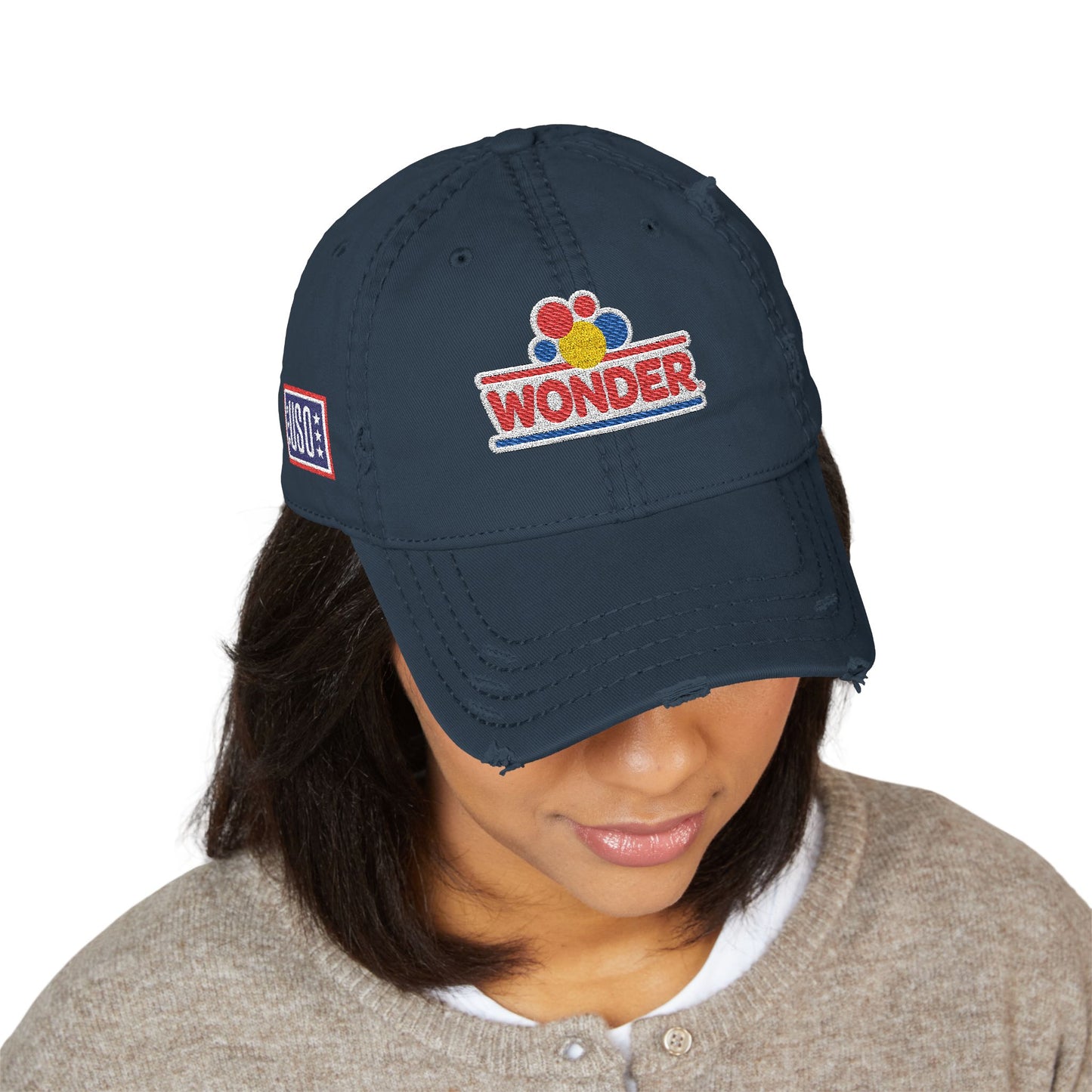 Classic Distressed Hat Cap with Wonder bread and USO Embroidered logos