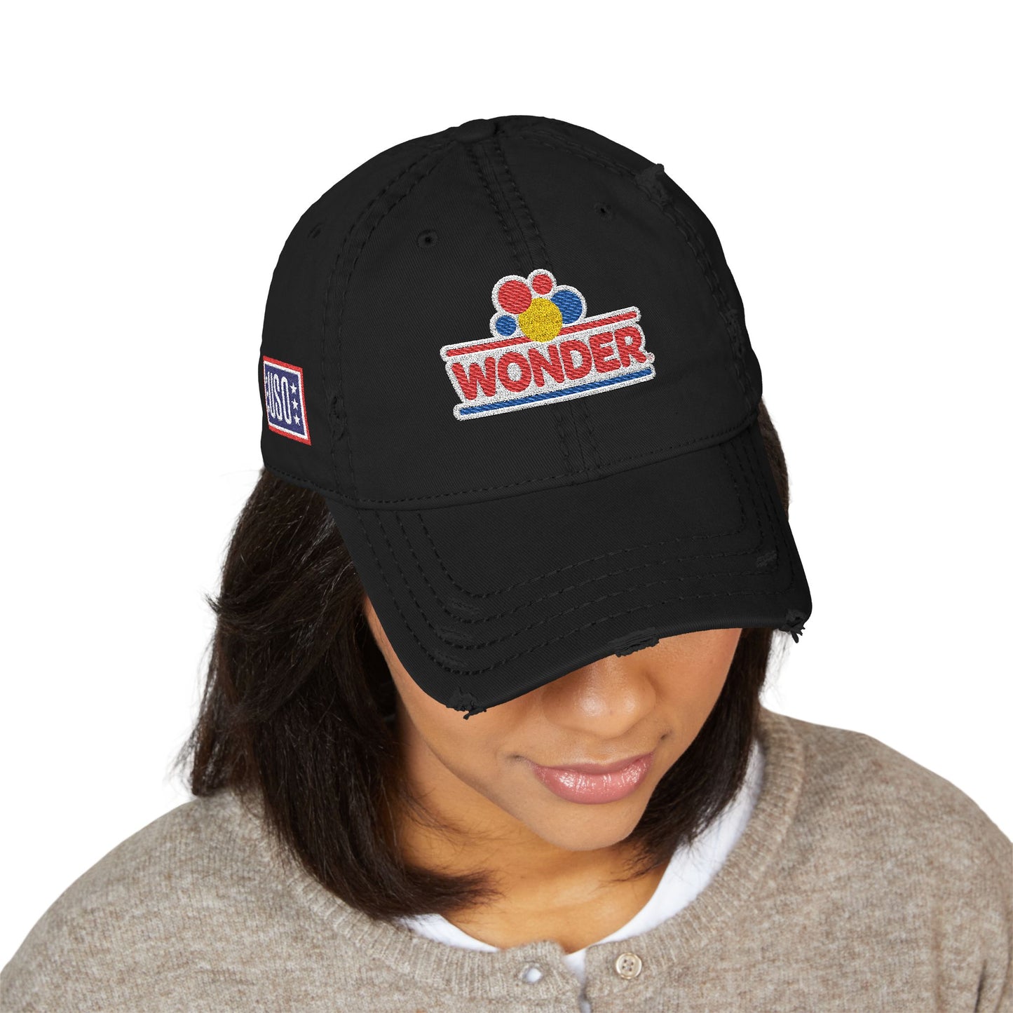 Classic Distressed Hat Cap with Wonder bread and USO Embroidered logos