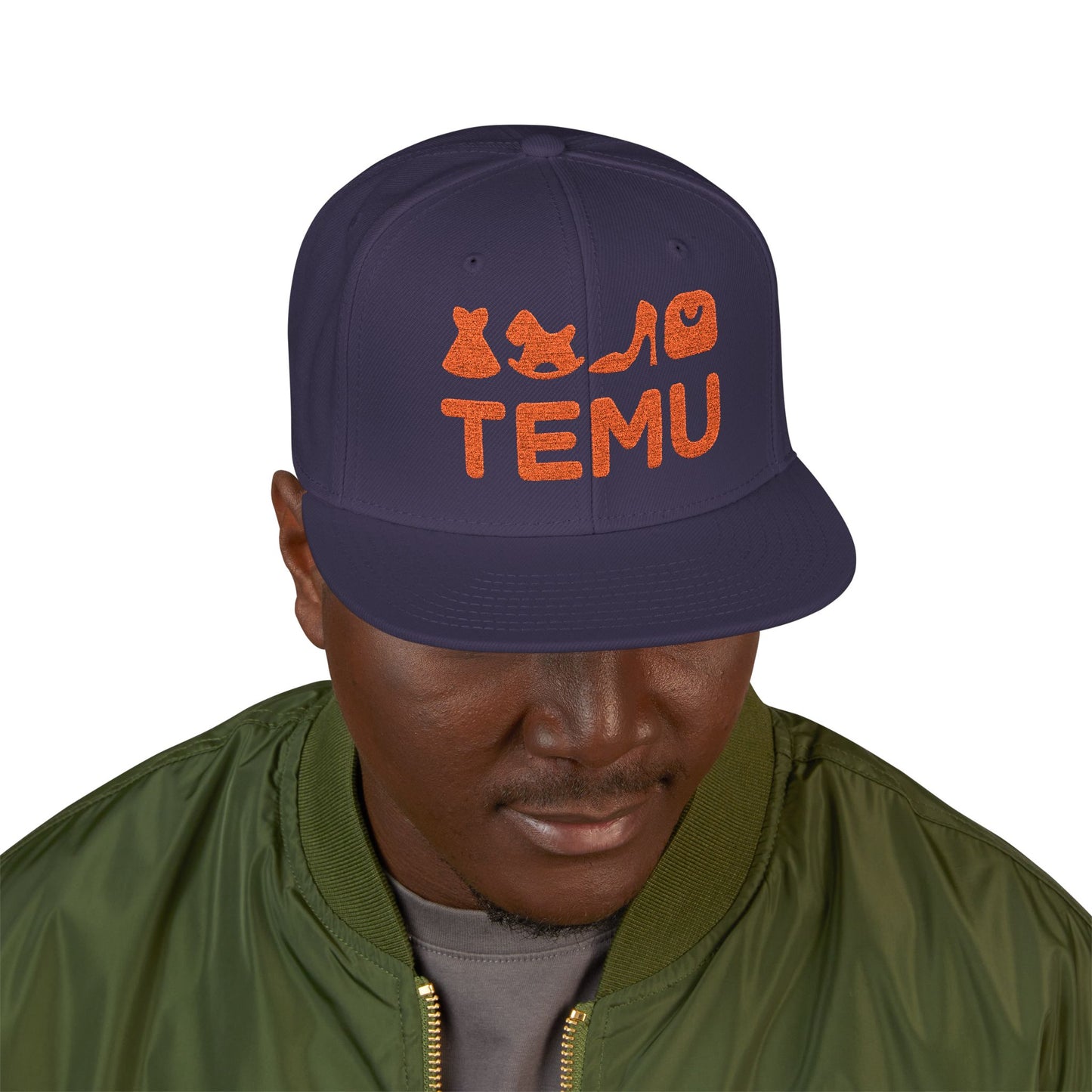 TEMU logo Delivery Embroidered Orange Script Snapback Hat