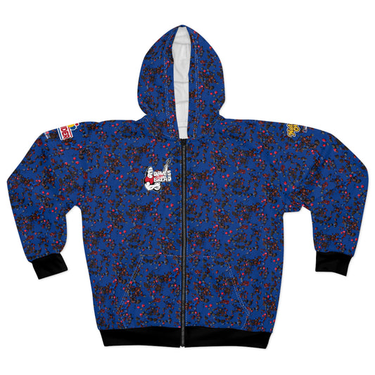 Hoodie with BERRYCAMO Pattern and Dave's Killer Bread front logo, nature's own and wonder bread logos on shoulder sides.