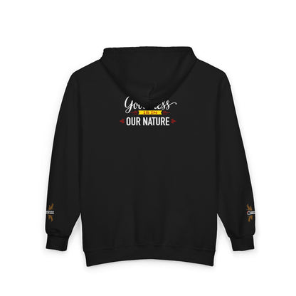 Full‑Zip Hoodie Sweatshirt –  Embroidered Nature’s Own Logo and “Goodness Is in Our Nature” back design
