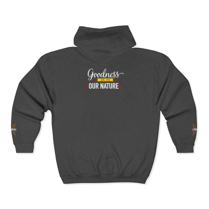 Full‑Zip Hoodie Sweatshirt –  Embroidered Nature’s Own Logo and “Goodness Is in Our Nature” back design