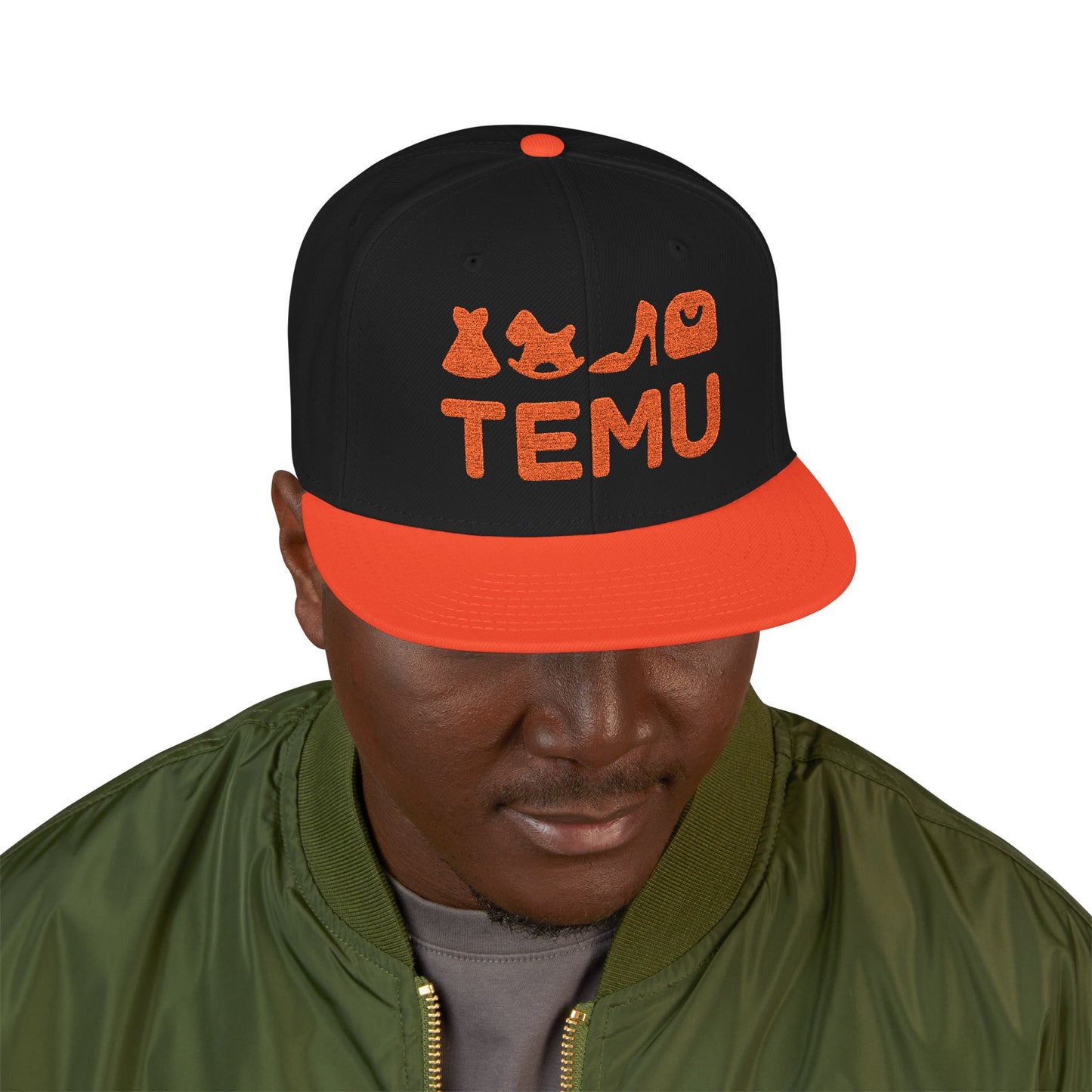 TEMU logo Delivery Embroidered Orange Script Snapback Hat