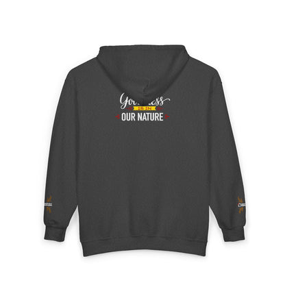 Full‑Zip Hoodie Sweatshirt –  Embroidered Nature’s Own Logo and “Goodness Is in Our Nature” back design
