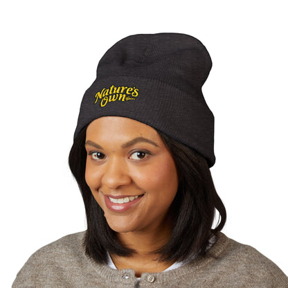 Nature's Own Embroidered Cuffed Beanie — Yellow Knit Winter Hat