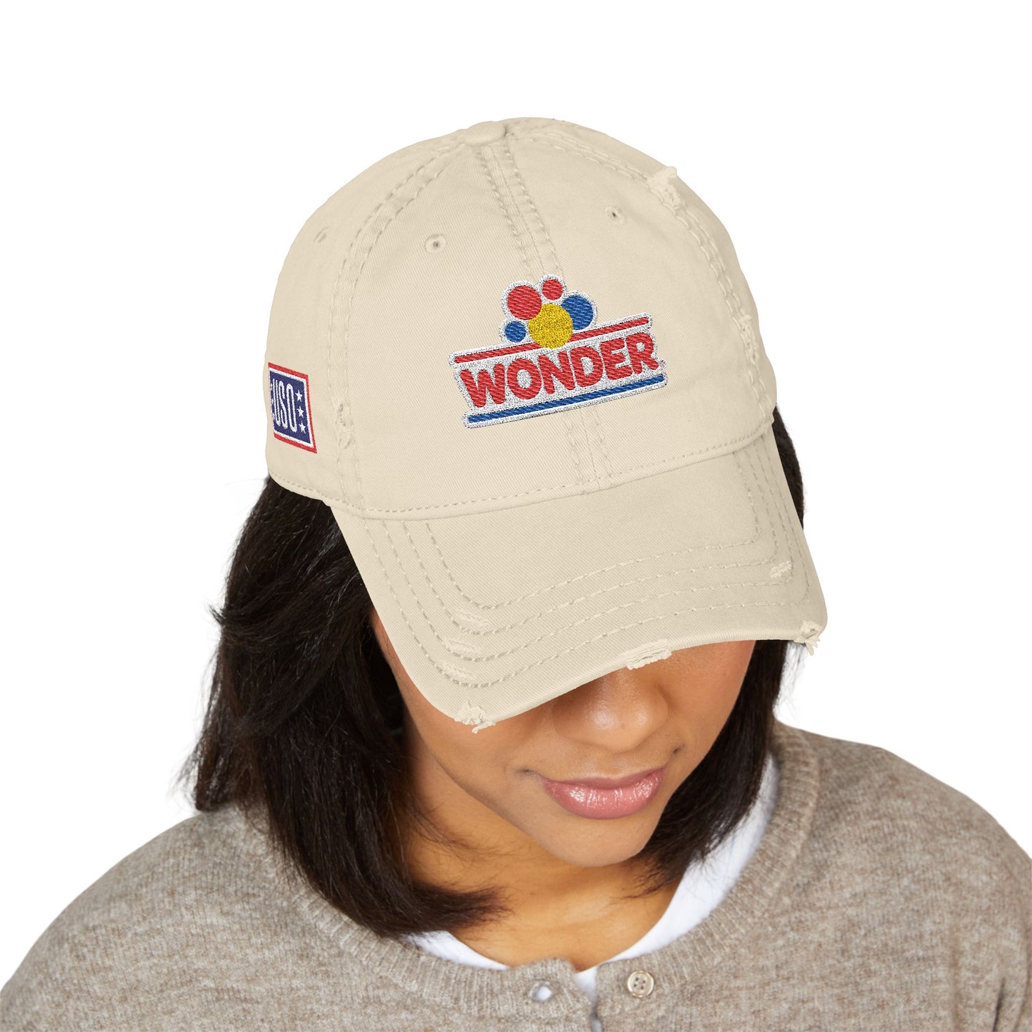 Classic Distressed Hat Cap with Wonder bread and USO Embroidered logos