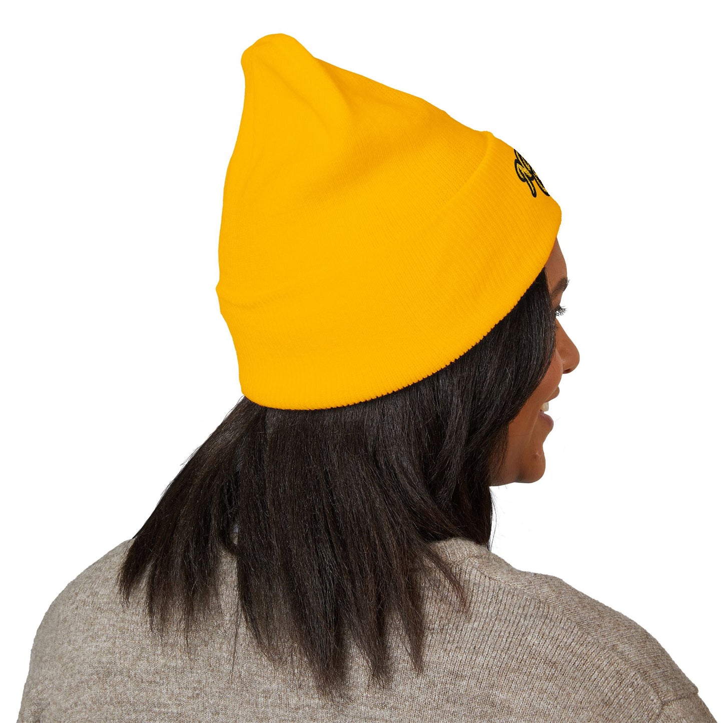 Nature's Own Embroidered Cuffed Beanie — Yellow Knit Winter Hat