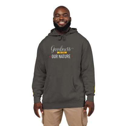 Nature's Own Embroidered Pigment-Dyed Hoodie — “Goodness is in Our Nature” Graphic