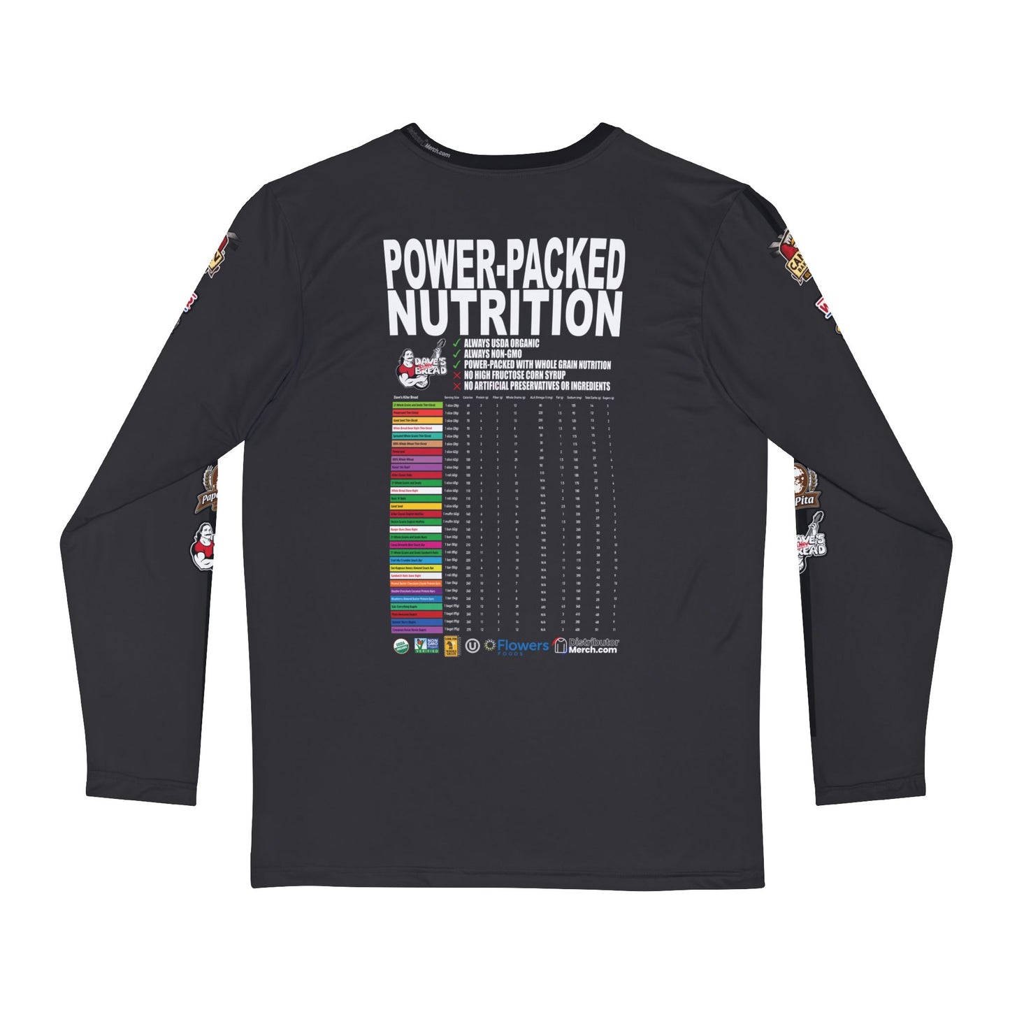 Dave's Killer Bread, Long sleeve Shirt CARBON, Side Logos, Power Packed Nutrition Back!