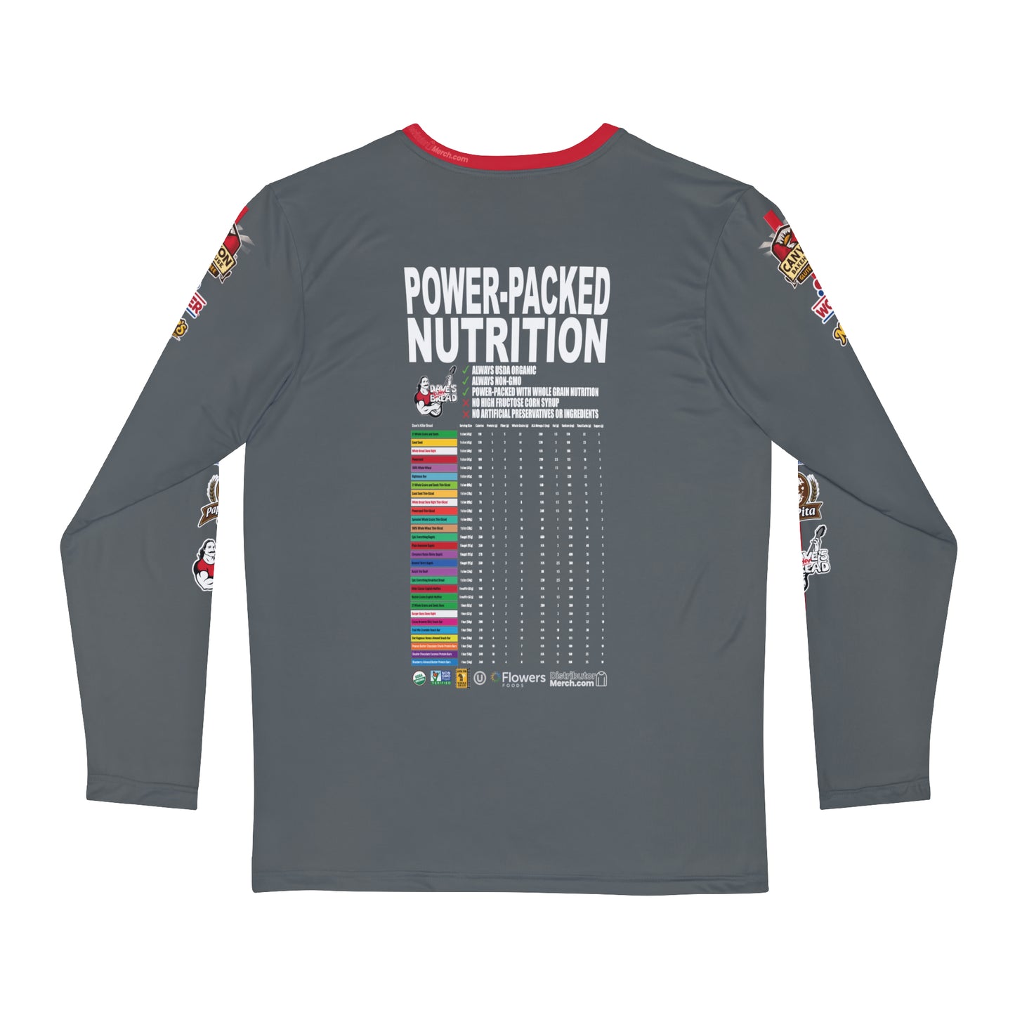 Long Sleeve, Dave's Killer Bread (Gray and Red) Side Logos, Power Packed Nutrition Back!