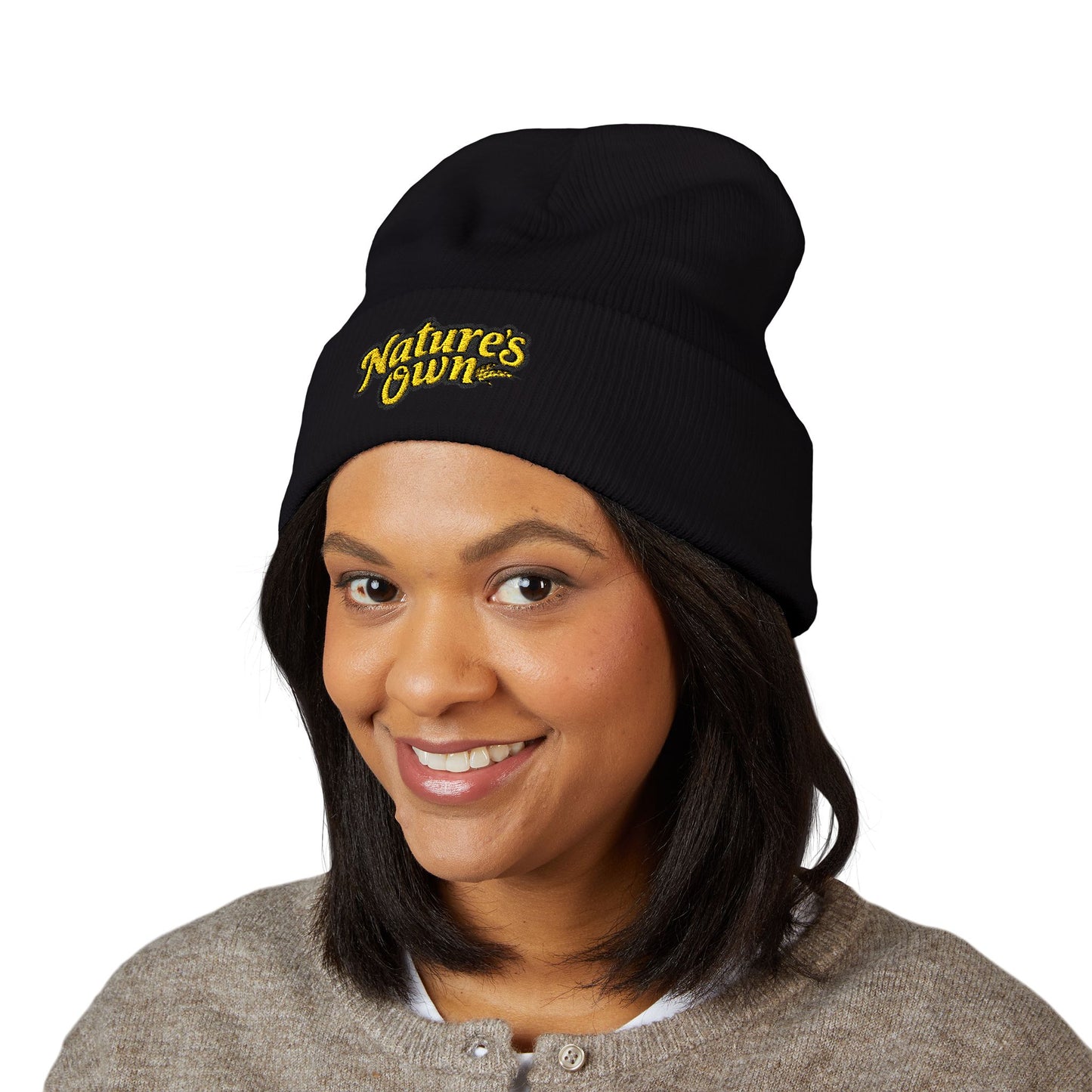 Nature's Own Embroidered Cuffed Beanie — Yellow Knit Winter Hat