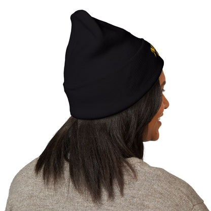 Nature's Own Embroidered Cuffed Beanie — Yellow Knit Winter Hat