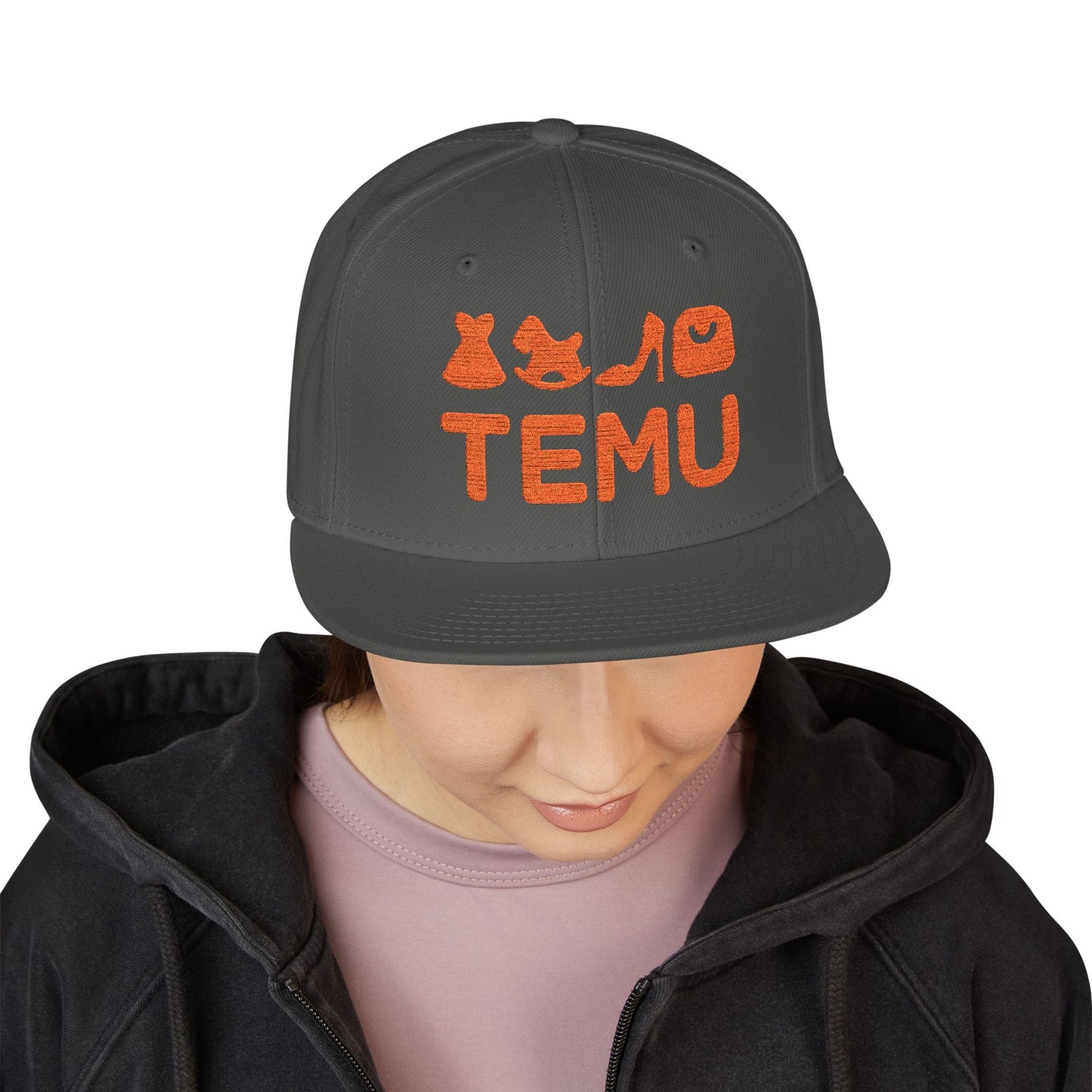 TEMU logo Delivery Embroidered Orange Script Snapback Hat