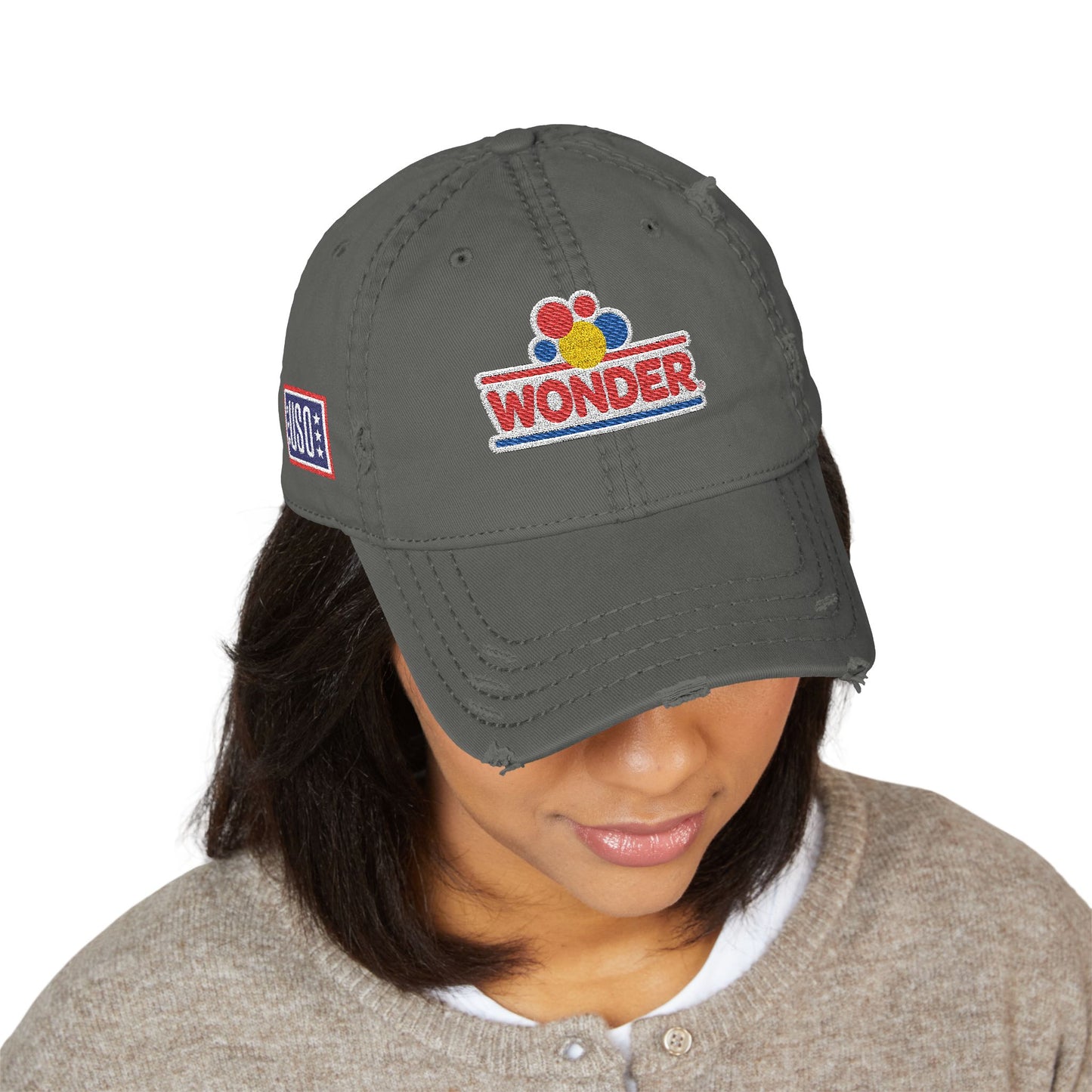Classic Distressed Hat Cap with Wonder bread and USO Embroidered logos