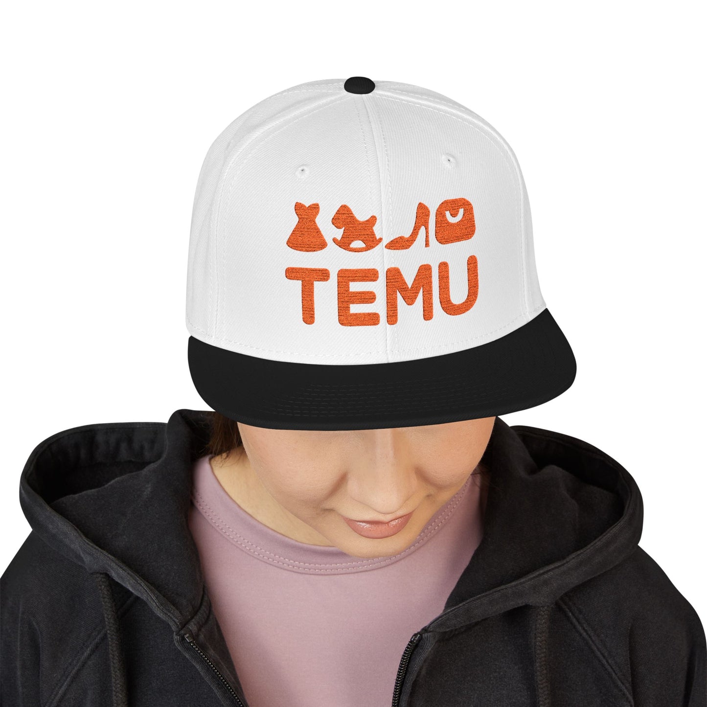 TEMU logo Delivery Embroidered Orange Script Snapback Hat