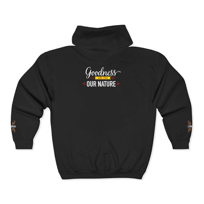 Full‑Zip Hoodie Sweatshirt –  Embroidered Nature’s Own Logo and “Goodness Is in Our Nature” back design