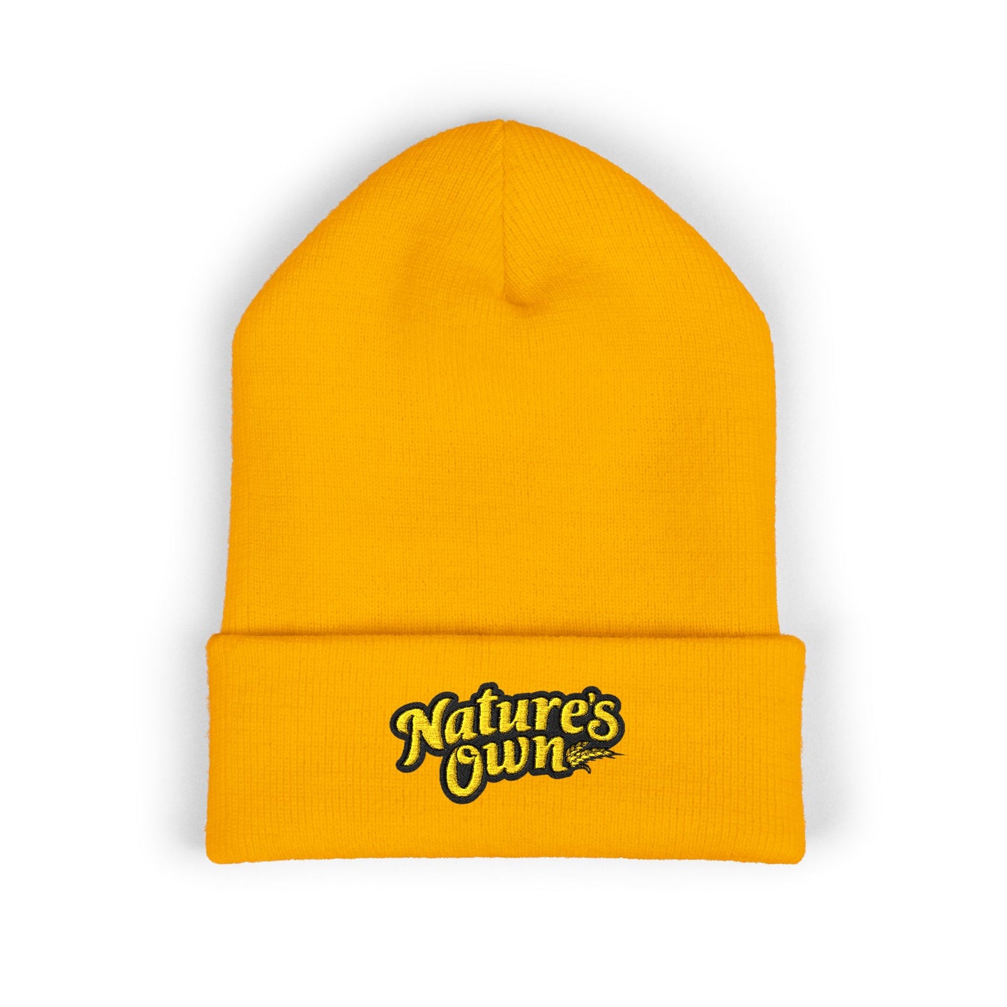 Nature's Own Embroidered Cuffed Beanie — Yellow Knit Winter Hat
