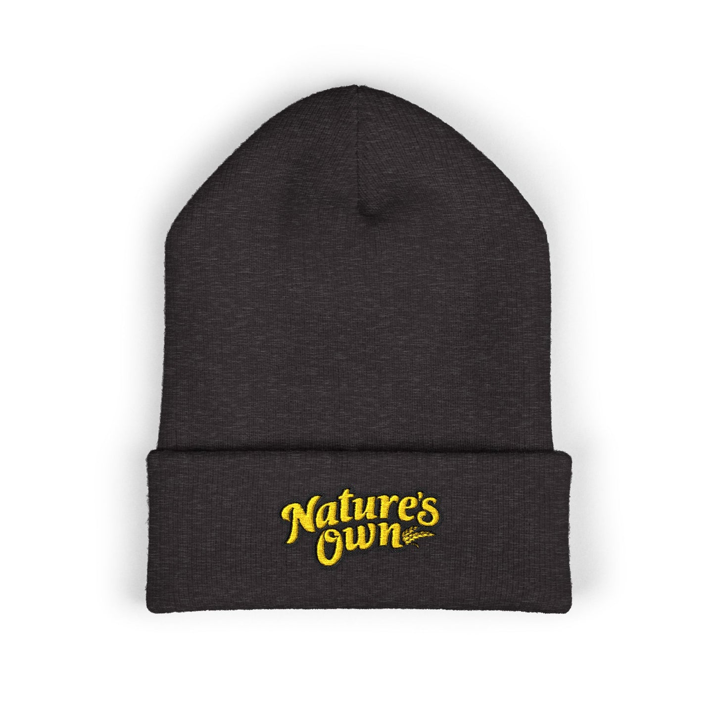 Nature's Own Embroidered Cuffed Beanie — Yellow Knit Winter Hat