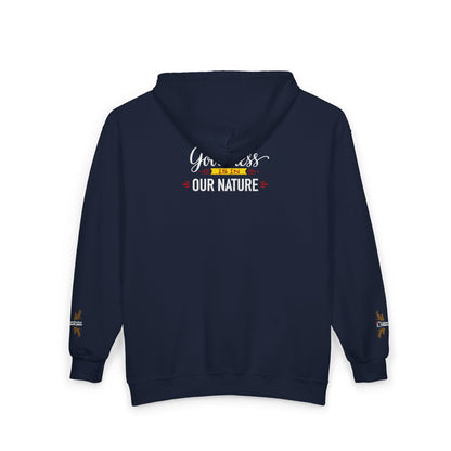 Full‑Zip Hoodie Sweatshirt –  Embroidered Nature’s Own Logo and “Goodness Is in Our Nature” back design