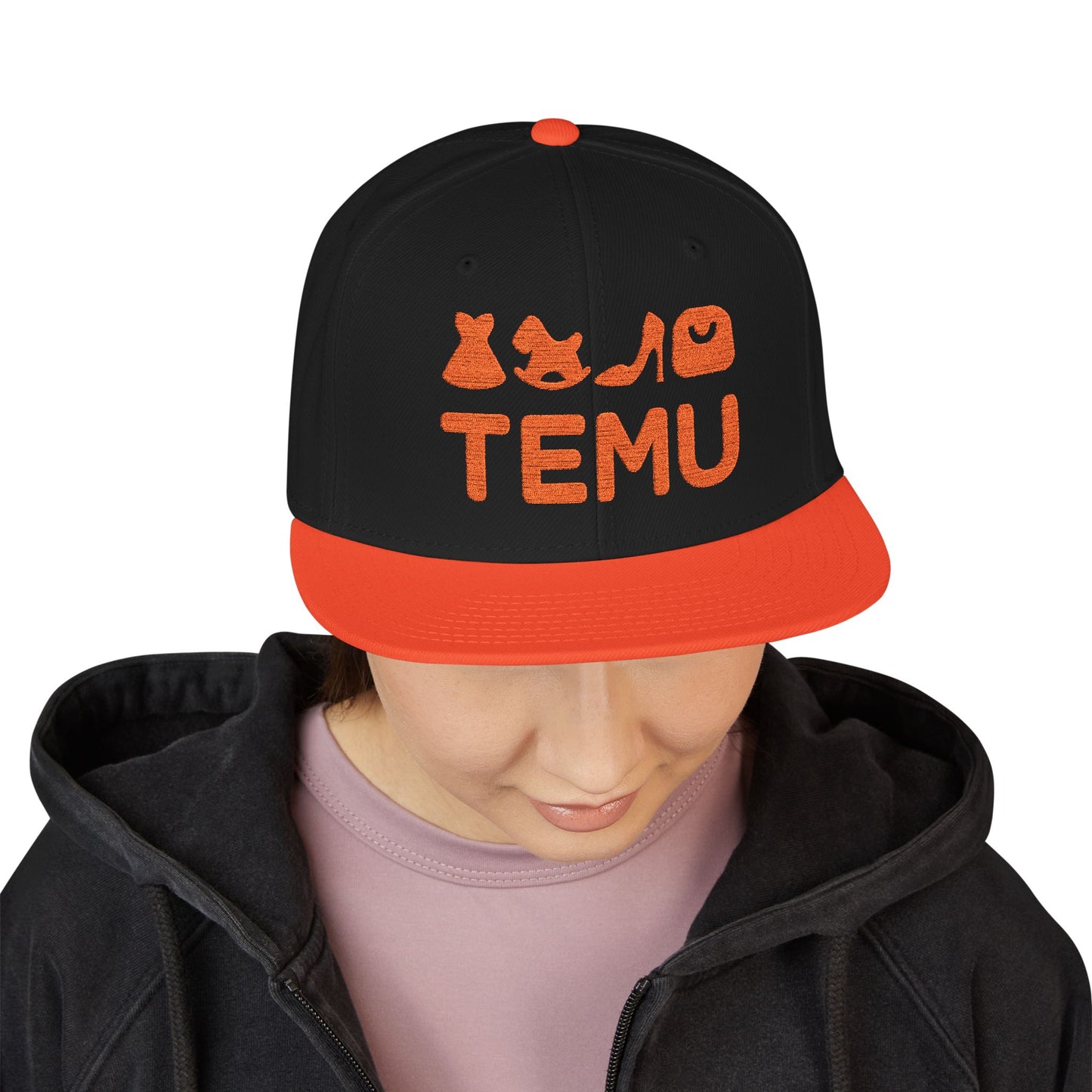 TEMU logo Delivery Embroidered Orange Script Snapback Hat