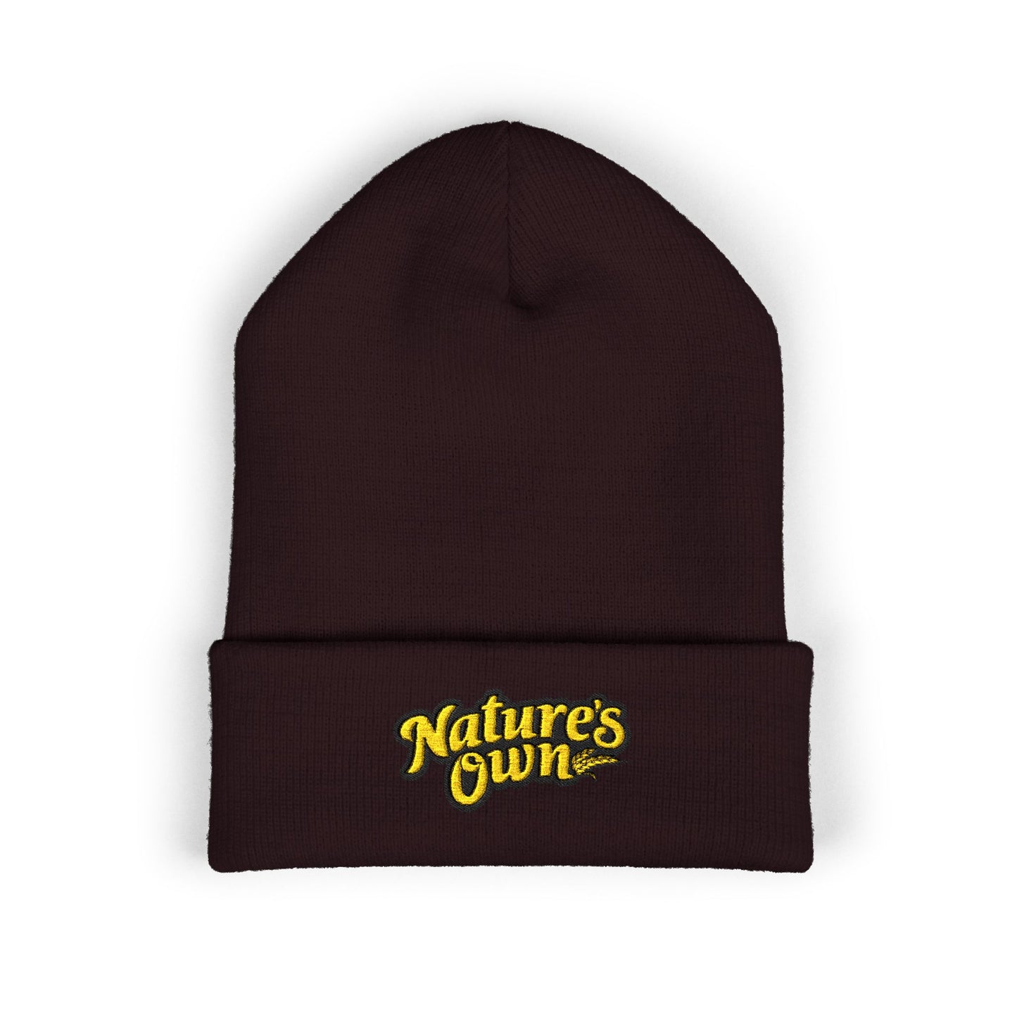 Nature's Own Embroidered Cuffed Beanie — Yellow Knit Winter Hat
