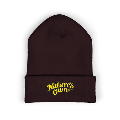 Nature's Own Embroidered Cuffed Beanie — Yellow Knit Winter Hat