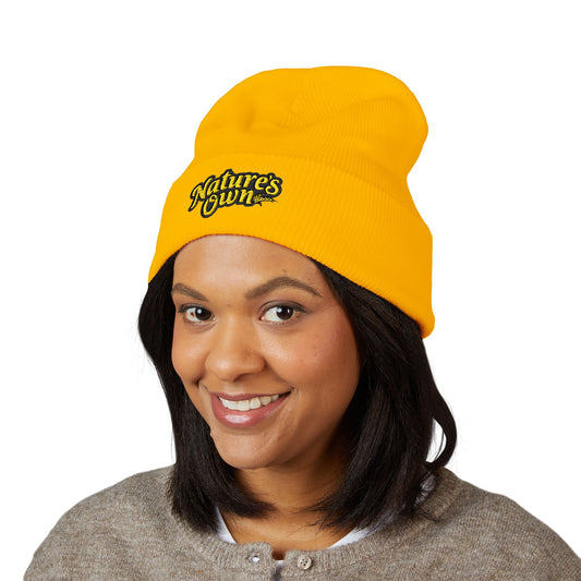 Nature's Own Embroidered Cuffed Beanie — Yellow Knit Winter Hat