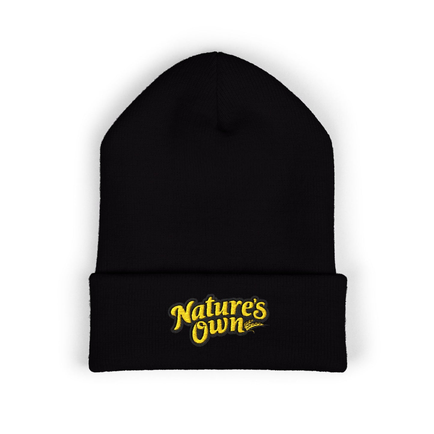 Nature's Own Embroidered Cuffed Beanie — Yellow Knit Winter Hat